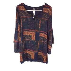 Rue 21 floral dress SZ Small navy blue paisley print lace hem bell sleeve